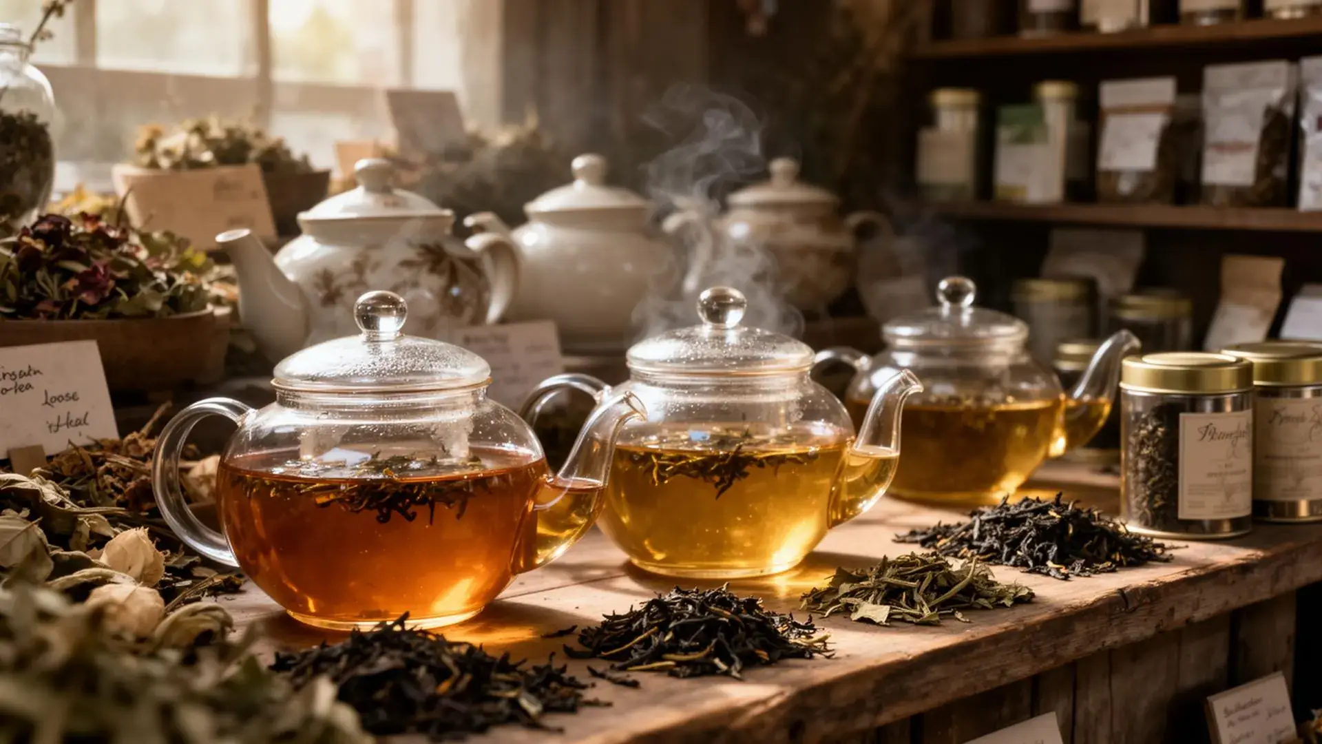 Loose botanical tea leaves and dried flowers arranged on a soft neutral surface