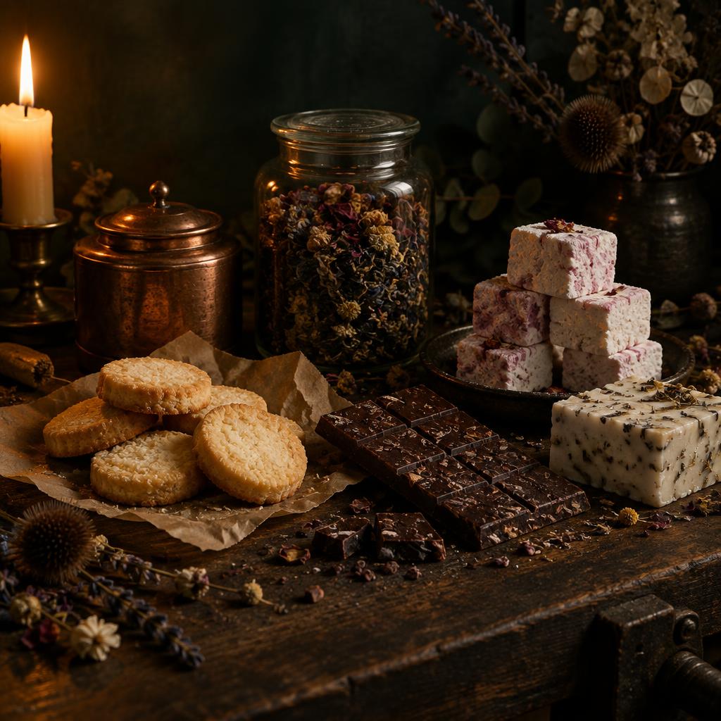 An artisan makers' bench at dusk with hand-baked biscuits, a bean-to-bar chocolate bar, a handmade soap bar, a jar of dried botanicals and a copper tea caddy by candlelight.