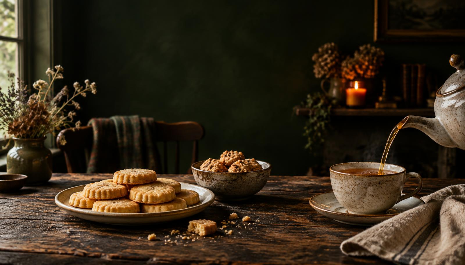 Buttery shortbread biscuits and a pot of tea poured into a ceramic cup on a dark wooden table beside candlelight