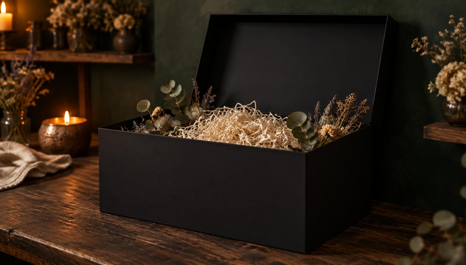 Wild Steep black gift hamper box, open on a dark wooden table