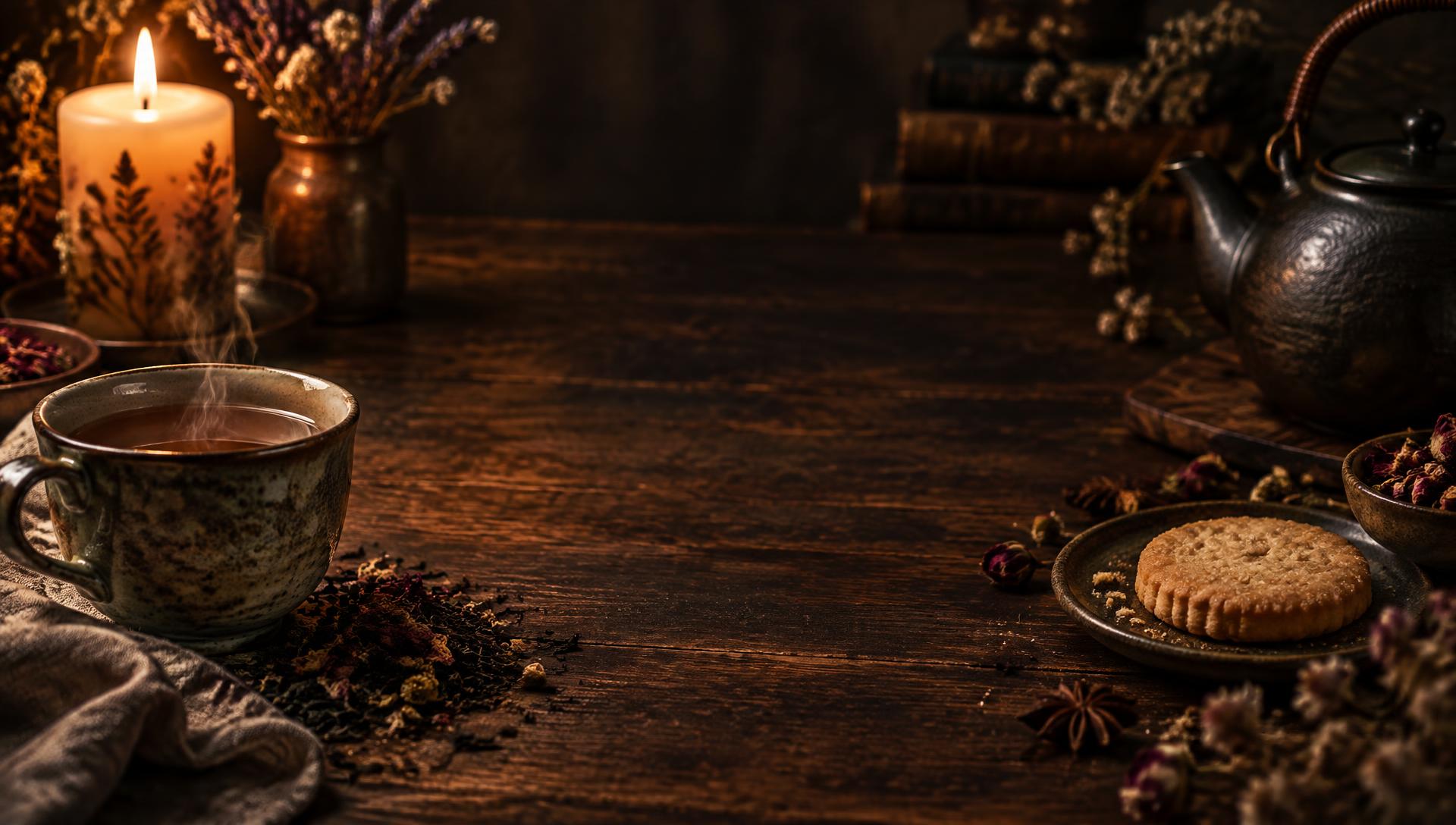 A steaming cup of loose leaf tea, a teapot, a shortbread biscuit and a lit candle on a dark oak table