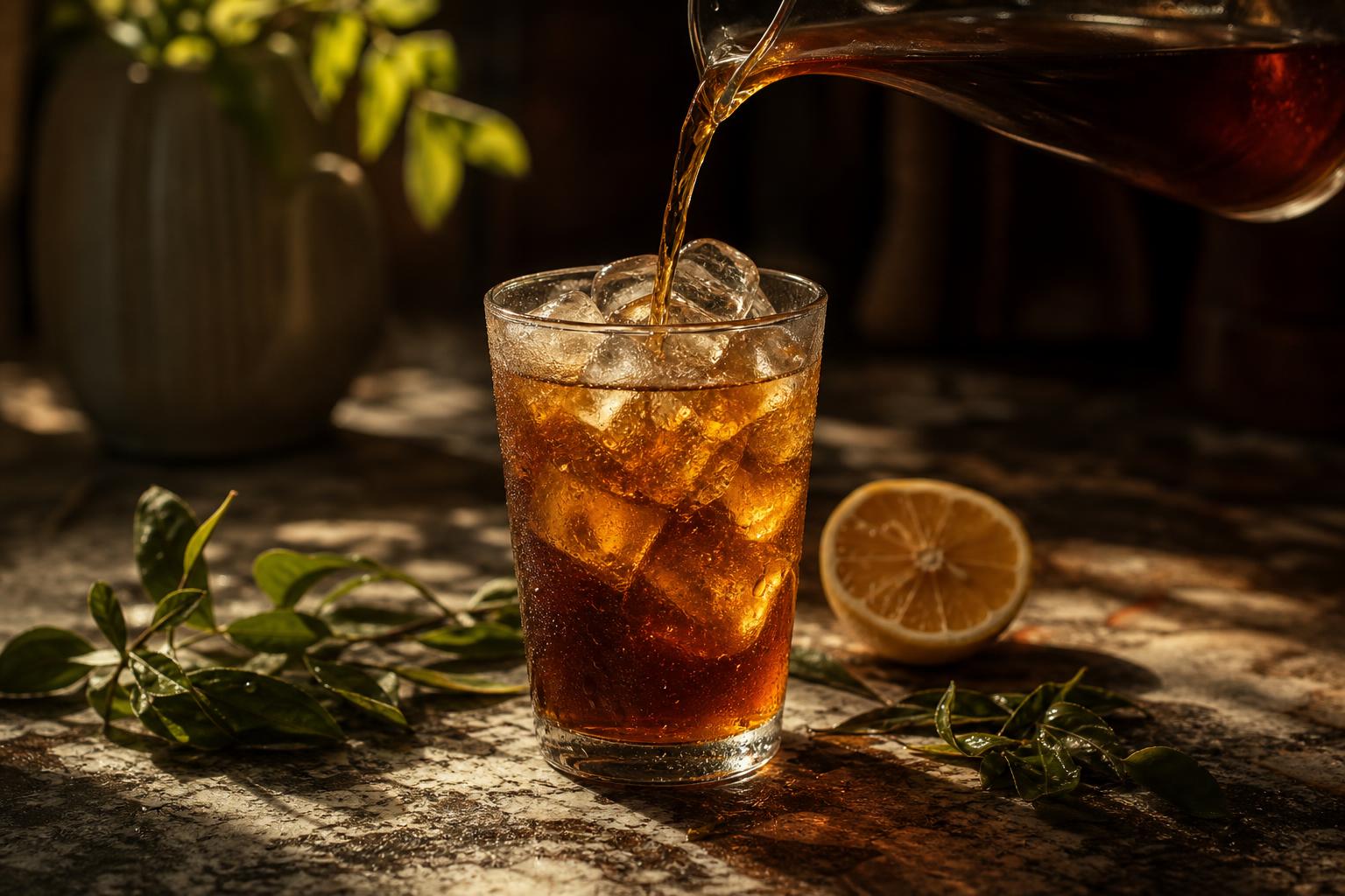 Cold brew tea in a glass jug with ice and botanicals