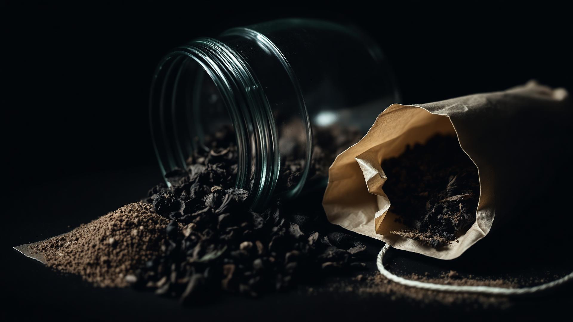 Whole loose leaf tea spilling from a glass jar beside a torn tea bag revealing dusty particles