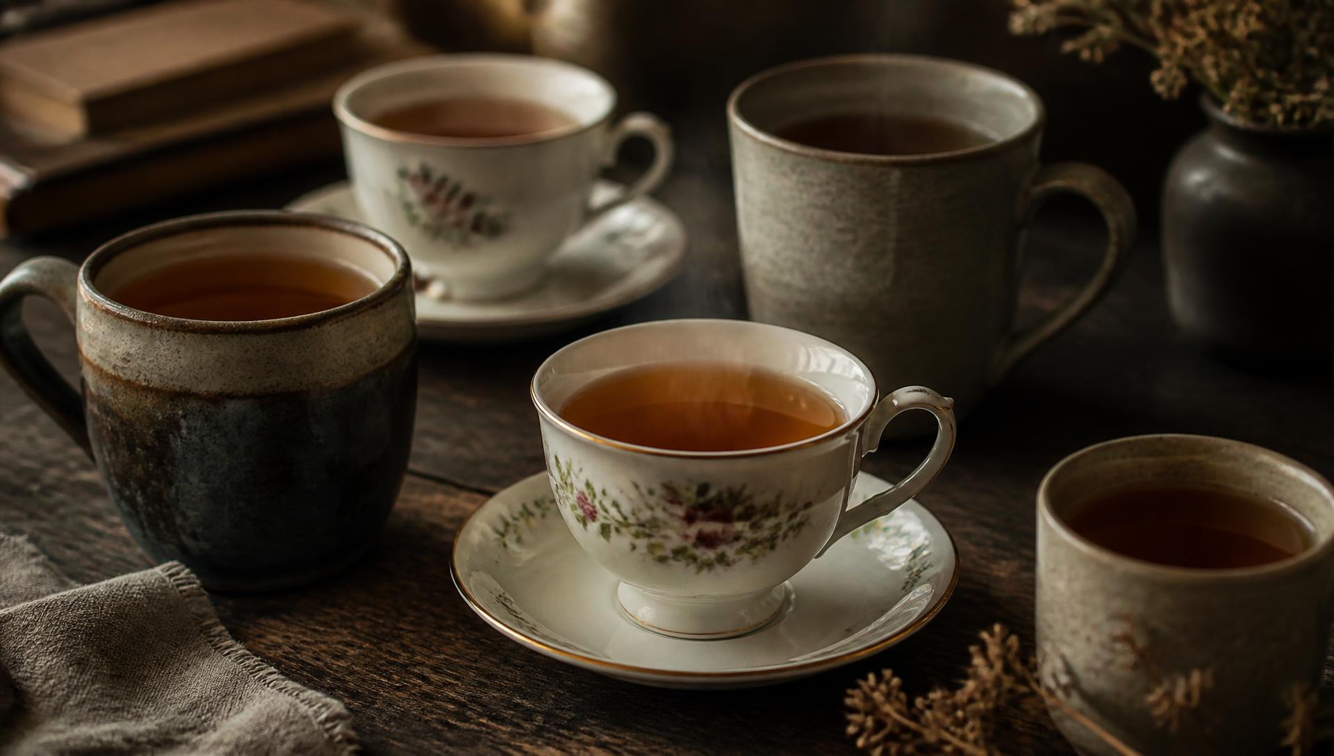 Fine bone china teacups and stoneware mugs filled with amber tea on a dark wooden table