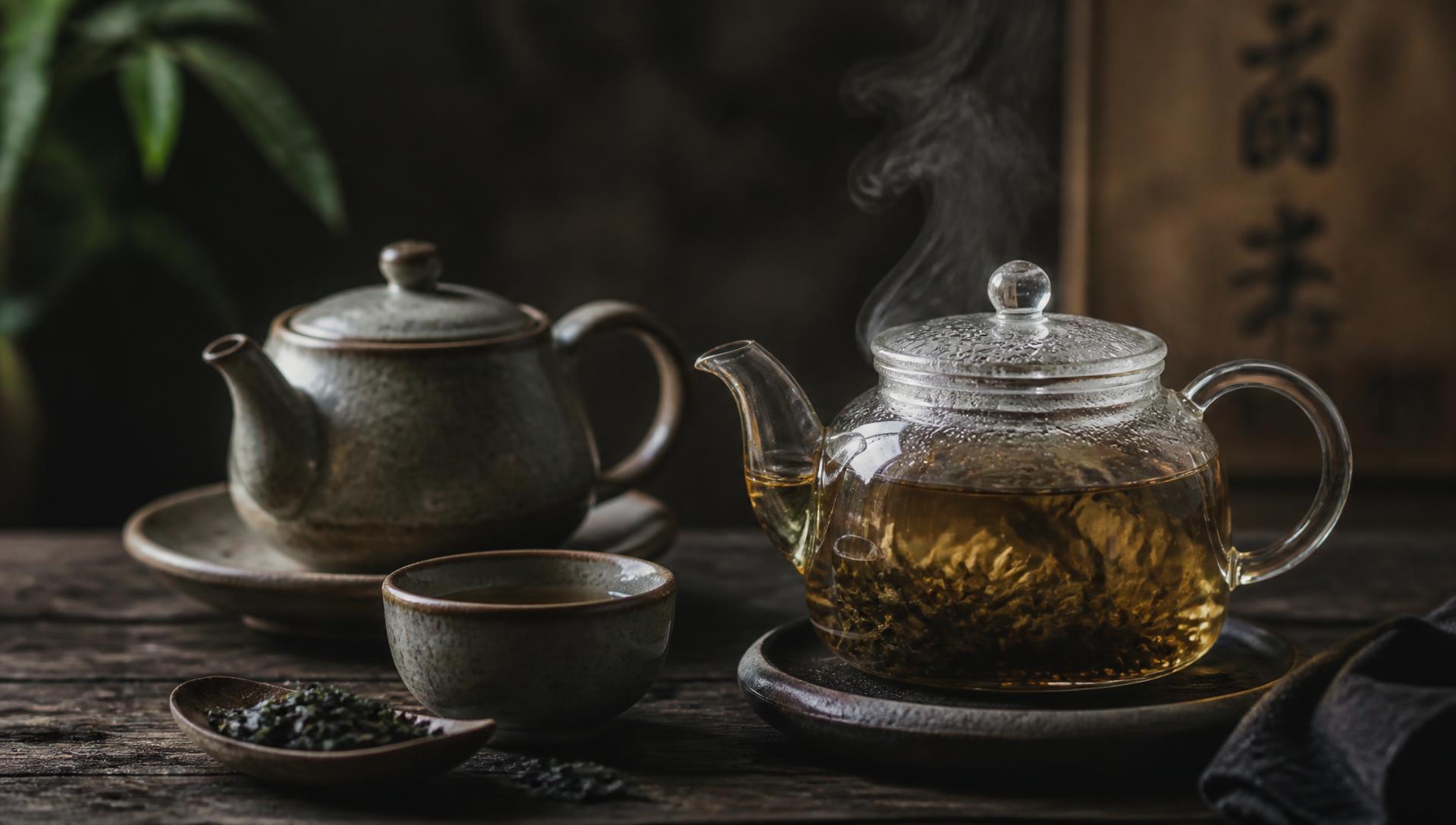 Stoneware and glass teapots with loose leaf tea brewing and steam rising on a dark wooden table