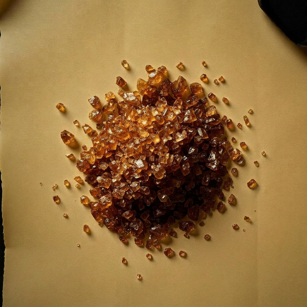 A pile of Amber beet sugar crystals on aged cream parchment