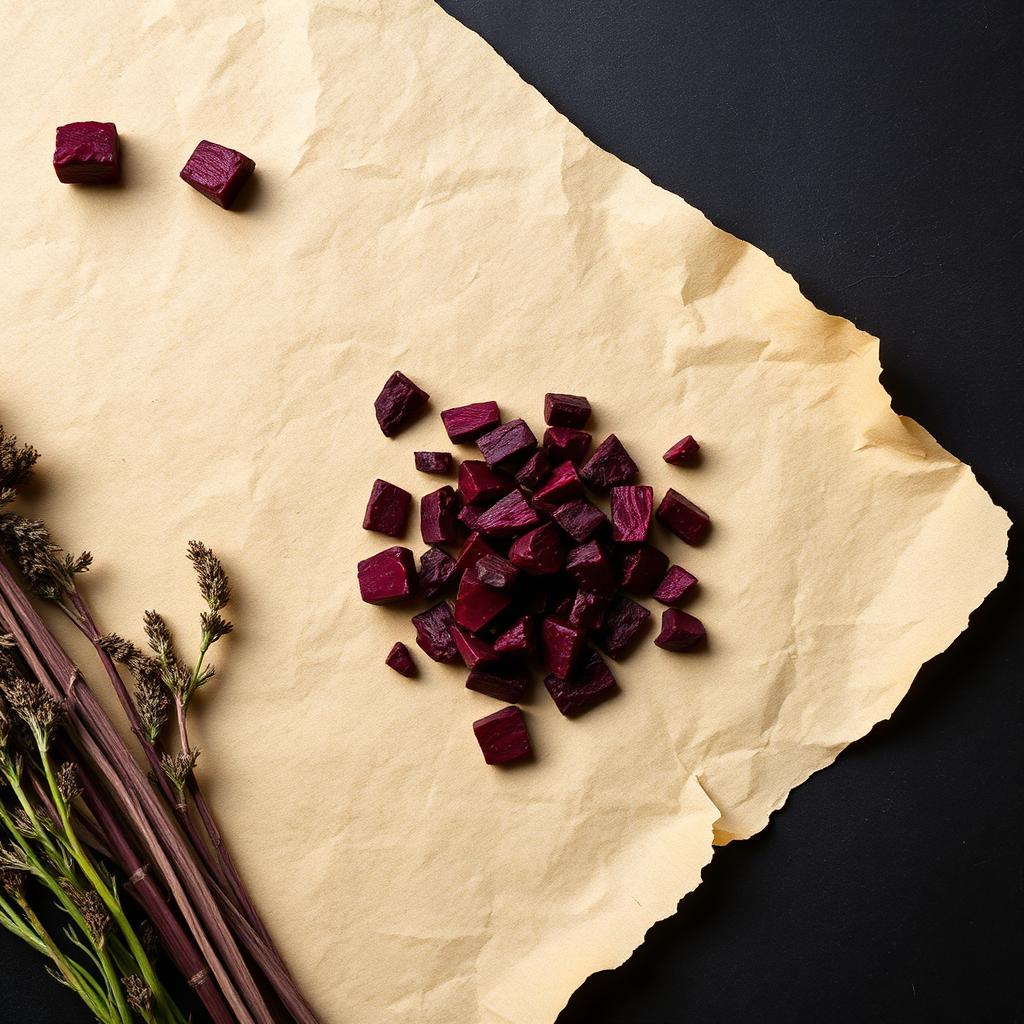 A pile of Beetroot pieces on aged cream parchment