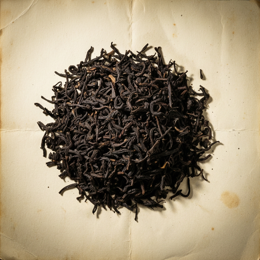 A pile of Black tea on aged cream parchment
