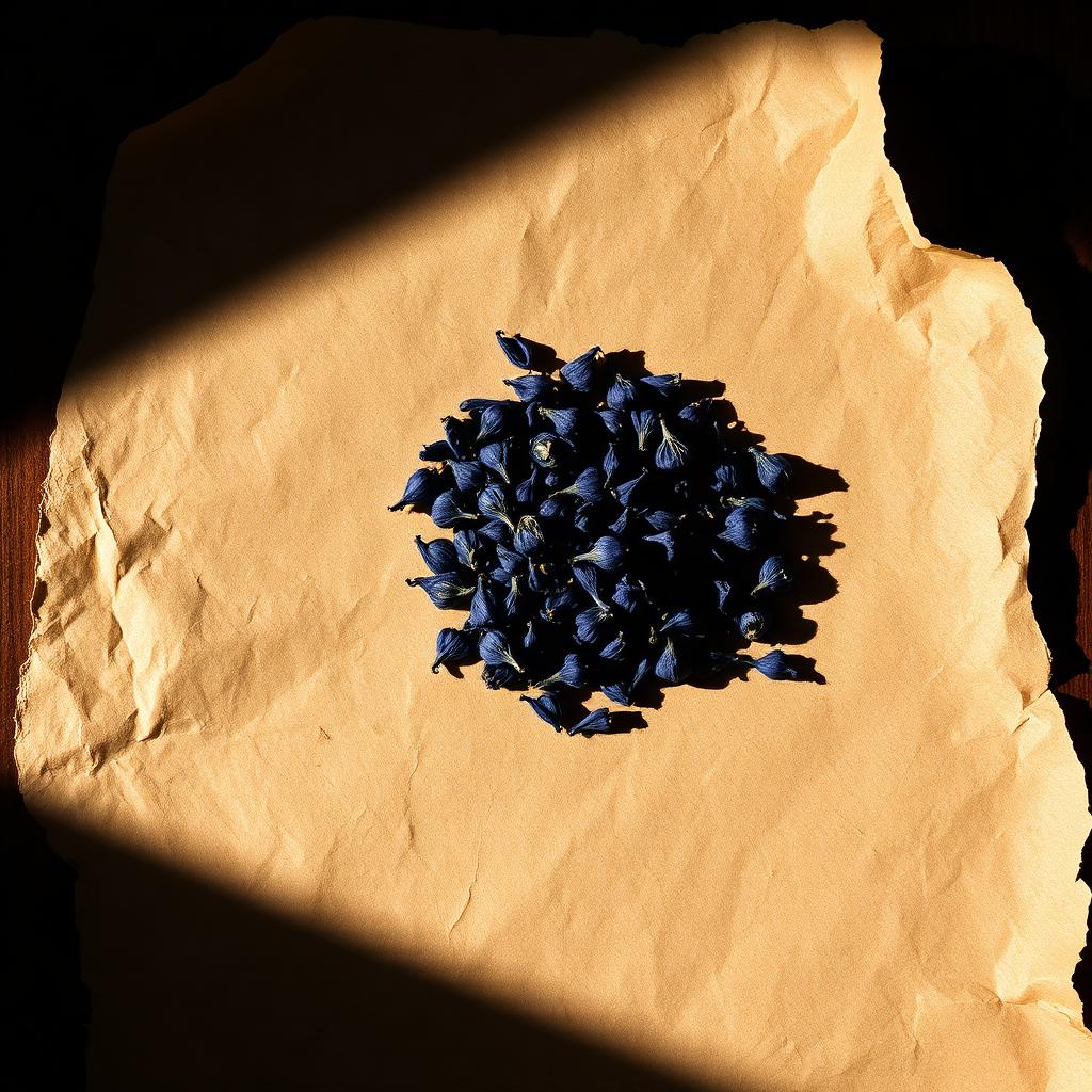 A pile of Butterfly pea flower on aged cream parchment