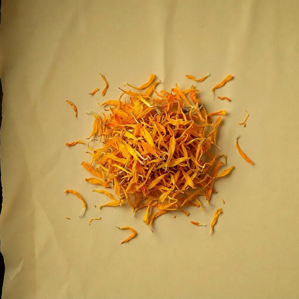 A pile of Calendula petals on aged cream parchment