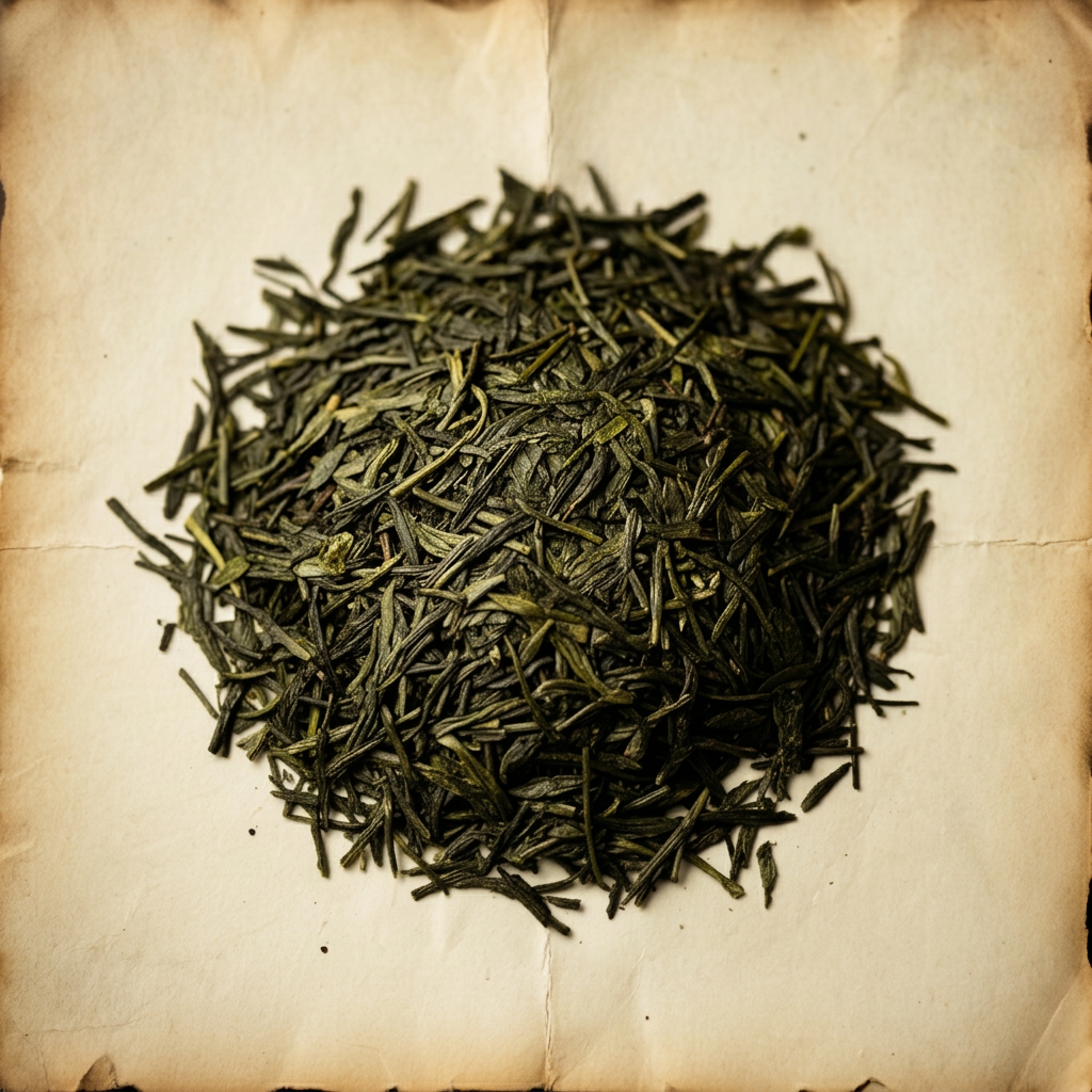 A pile of Green tea on aged cream parchment