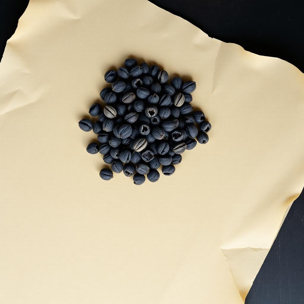A pile of Juniper berry on aged cream parchment