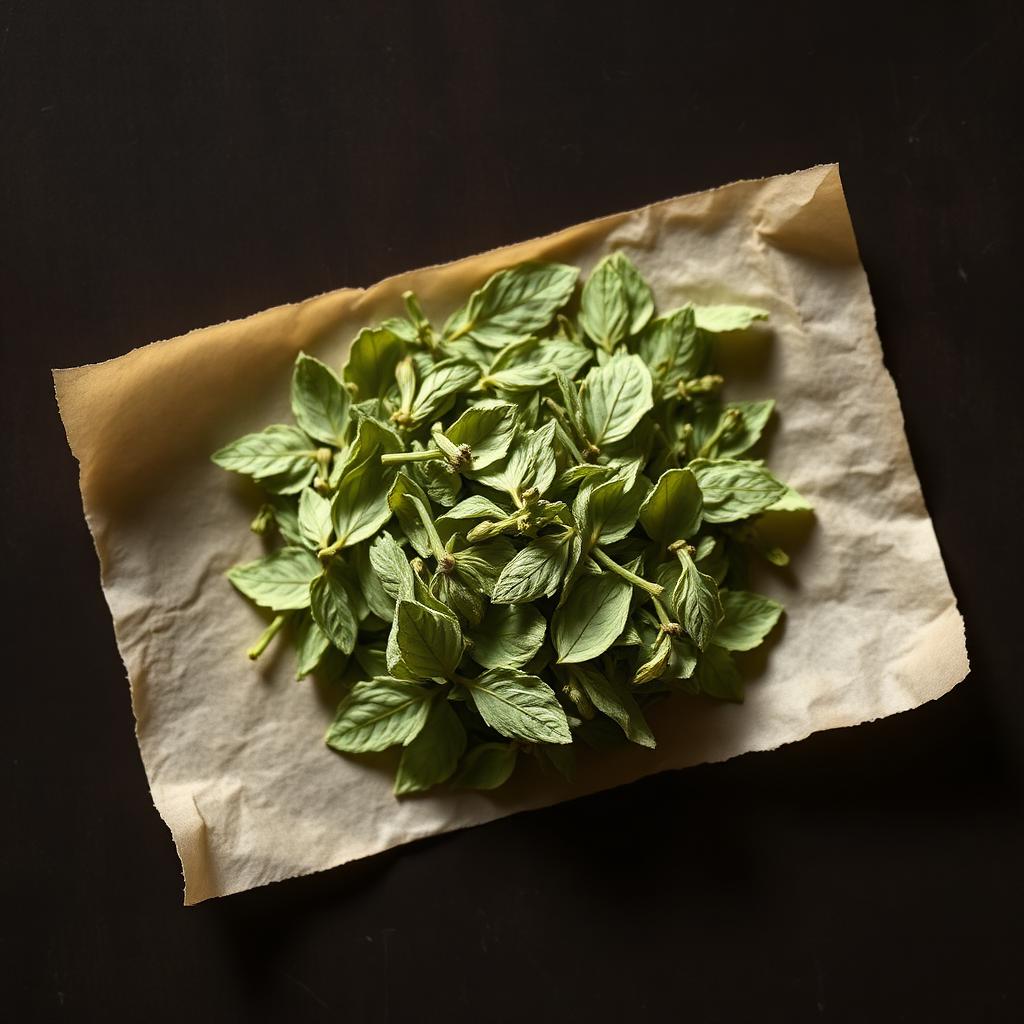 A pile of Lemon balm on aged cream parchment