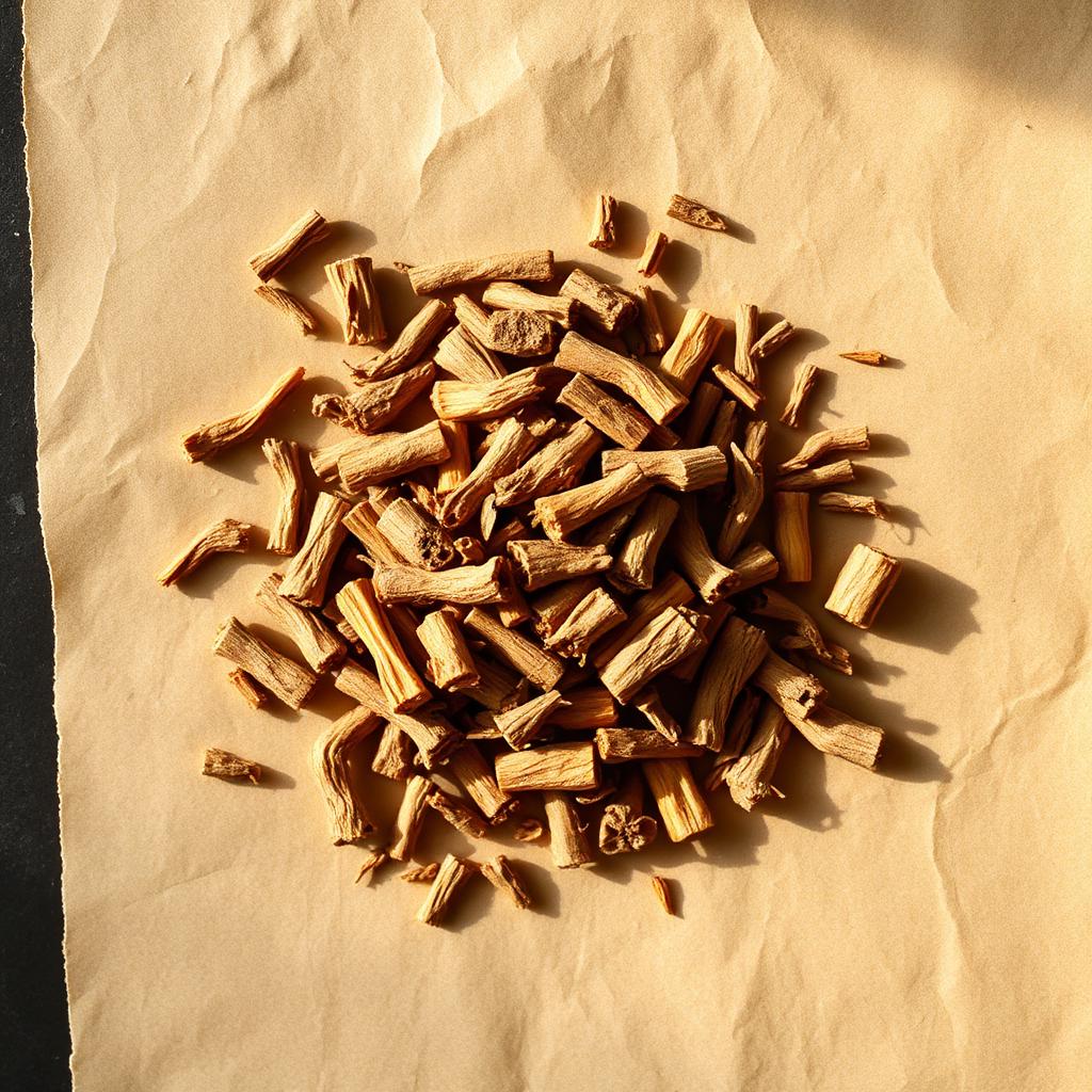 A pile of Liquorice root on aged cream parchment
