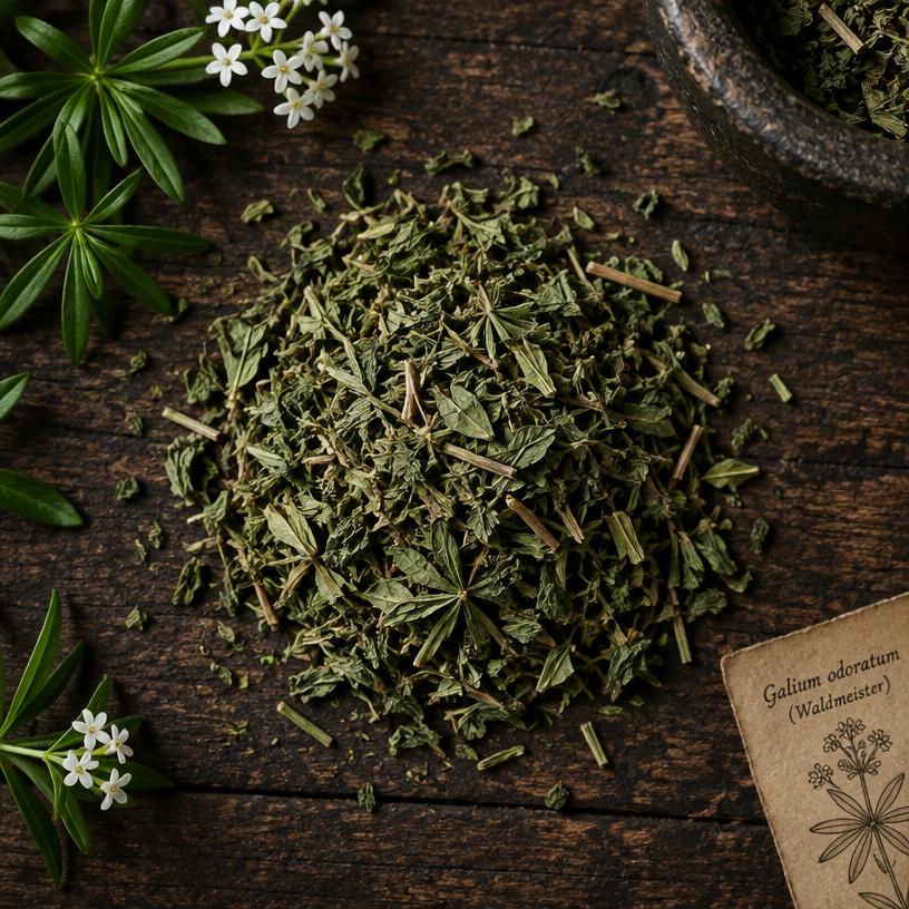 A pile of Sweet woodruff on aged cream parchment