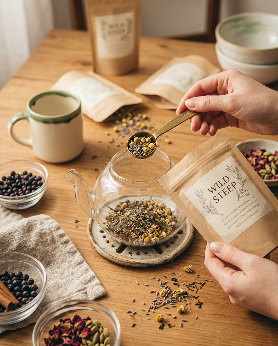 Wild Steep tea and botanical pouches laid out on a kitchen table while a person spoons leaves and flowers into a glass teapot