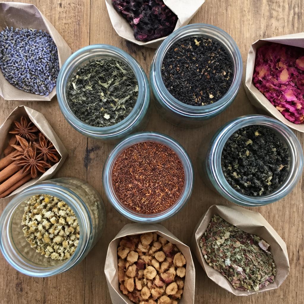 Overhead flat lay of premium single origin loose leaf teas and whole botanical ingredients in glass jars.